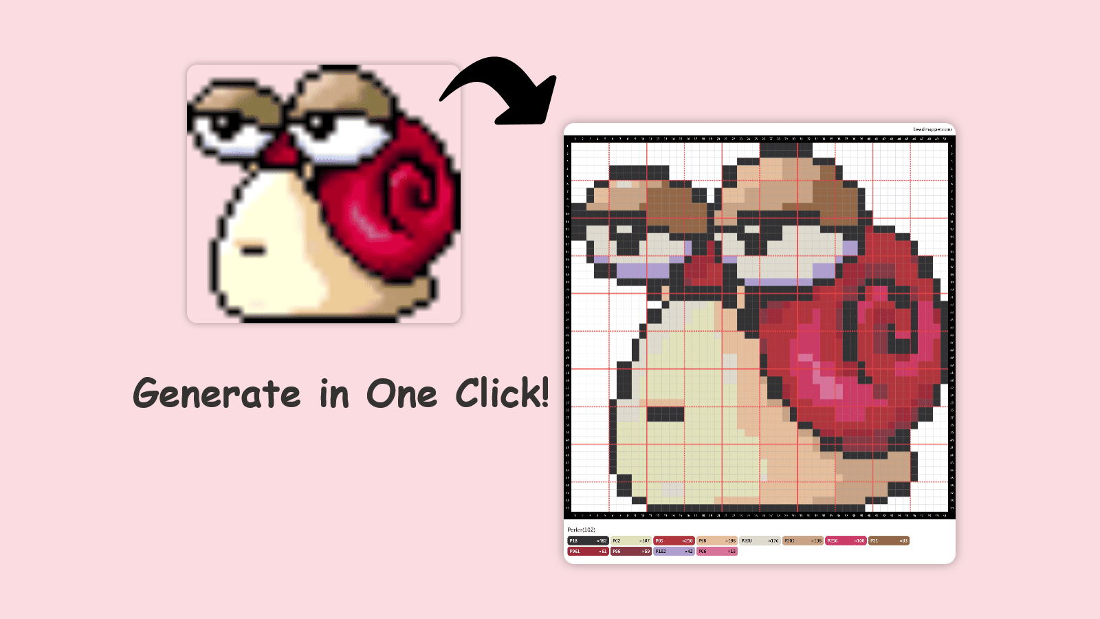 Photo to Perler bead pattern converter showing instant grid-aligned pattern generation for fuse bead projects